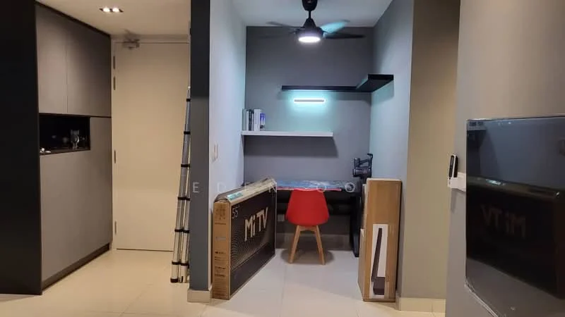 Study features: grey painted walls, white ceiling, ceiling fan, desk with chair, shelves above desk, floor tiles, light fixture, decorative items on shelves; style: modern.