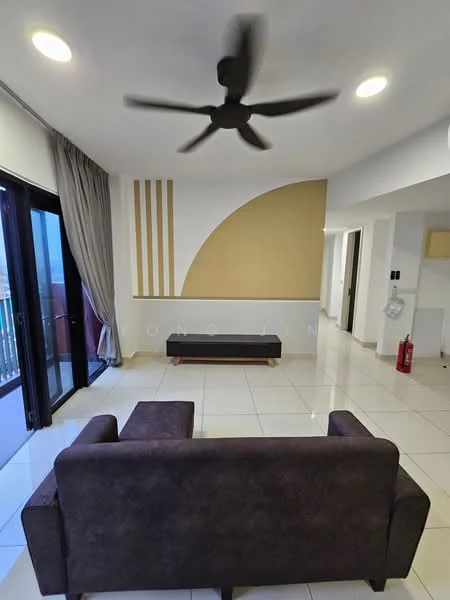 Living features: 3-seater fabric sofa in dark brown, ceiling fan with 5 blades, white walls, accent wall with beige paint, large sliding glass door, floor-to-ceiling curtains, tile flooring, recessed ceiling lights, decorative wall stripes, fire extinguisher mounted on wall; style: modern; view: city.