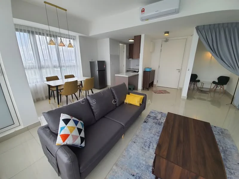 Living features: 3-seater fabric sofa in grey, coffee table, area rug with geometric pattern, floor-to-ceiling windows, curtains, wall-mounted split AC, pendant lights, TV console, decorative cushions; style: modern; view: city. Dining features: 4-seater dining table, upholstered dining chairs, pendant lighting above table; style: modern; view: city. Kitchen features: stainless-steel fridge, built-in oven, kitchen cabinetry, countertop, sink, stove, wall-mounted cabinets; style: modern.