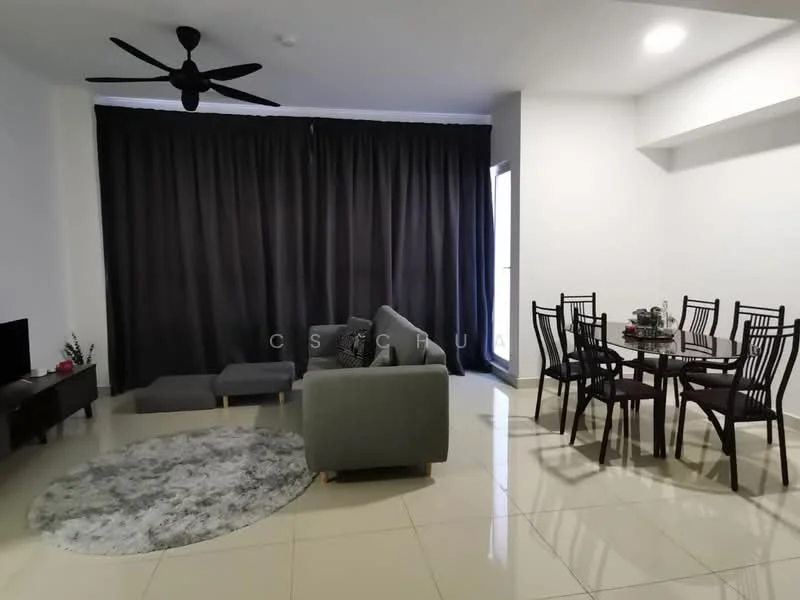Living features: 3-seater fabric sofa in grey, ottoman, area rug with circular pattern, wall-mounted TV, TV console, ceiling fan, floor-to-ceiling windows, blackout curtains, light-coloured tiled flooring; style: modern. Dining features: 6-seater dining table, wooden dining chairs, decorative centerpiece, light-coloured tiled flooring; style: modern.