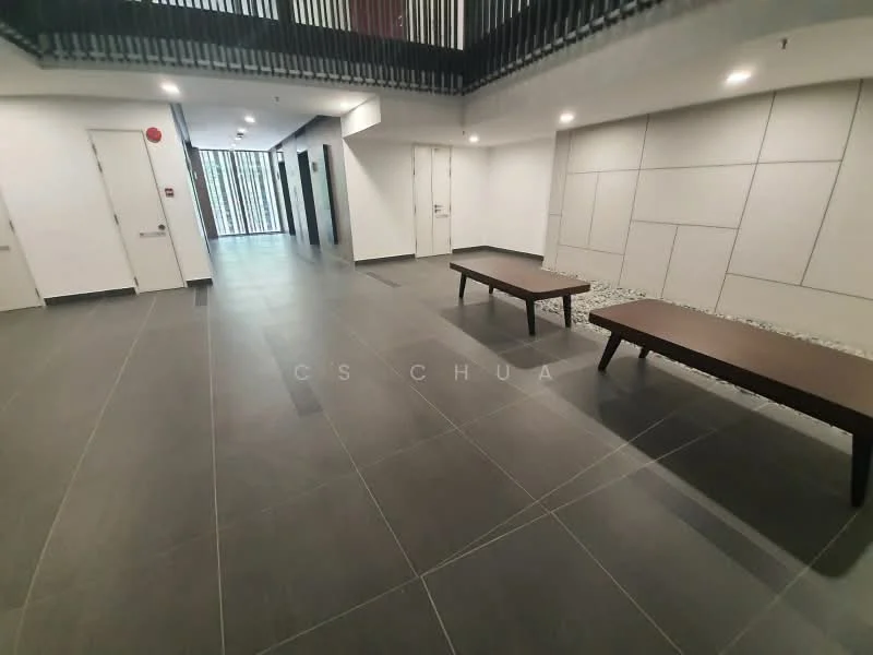 Room features: grey tile flooring, white painted walls, recessed LED downlights, two wooden benches, glass railing, elevator doors, fire alarm system, decorative stone pebbles; style: modern.