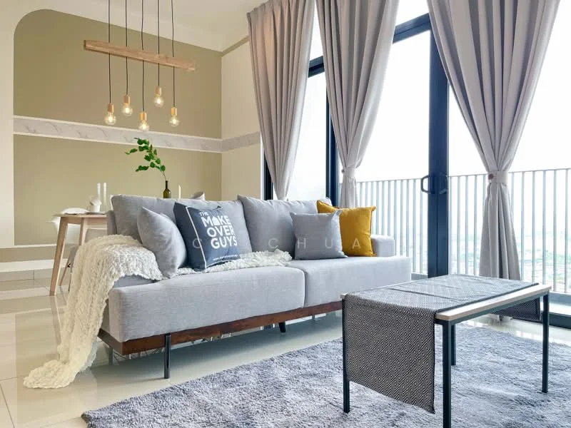 Living features: 3-seater fabric sofa in grey, decorative throw blanket, decorative pillows, coffee table with metal frame, area rug with geometric pattern, pendant lighting with multiple bulbs, floor-to-ceiling windows, sheer curtains, city view, light-coloured walls with accent wall, marble tile flooring, recessed ceiling with crown moulding; style: modern; view: city.
