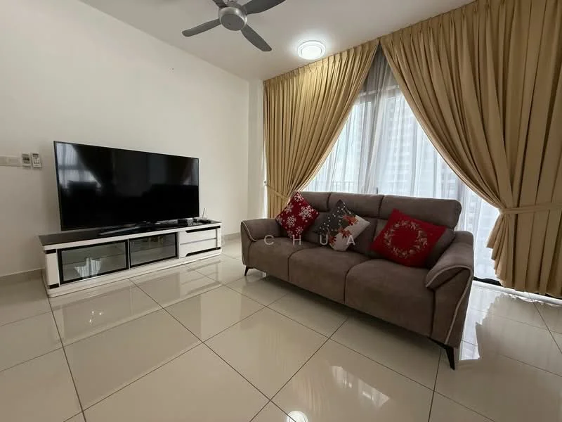 Living features: grey fabric 3-seater sofa, white TV console, wall-mounted flat-screen TV, cream curtains, recessed ceiling lights, ceiling fan, glossy tile flooring, decorative throw pillows; style: modern.