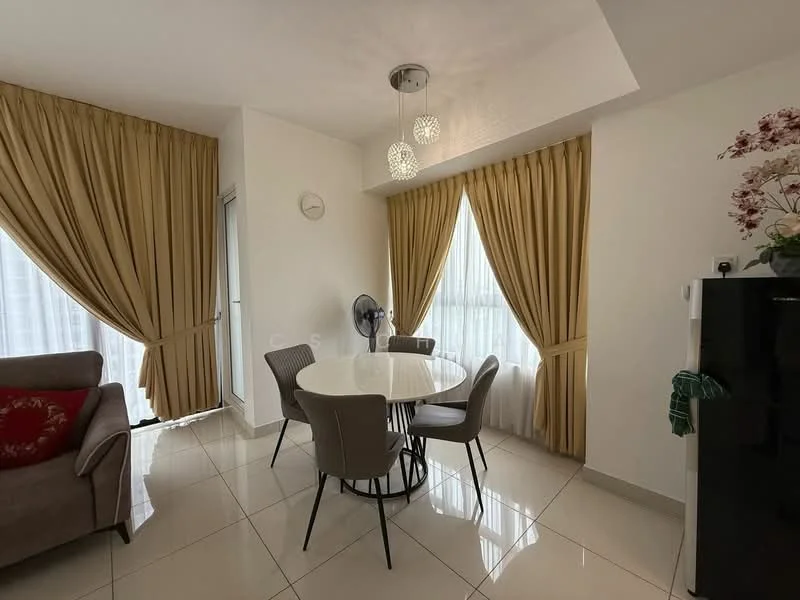 Dining features: round dining table, 4 dining chairs, floor-to-ceiling windows, sheer curtains, golden drapes, ceiling light fixture with multiple bulbs, wall-mounted clock, tile flooring, air conditioning unit; style: modern.
