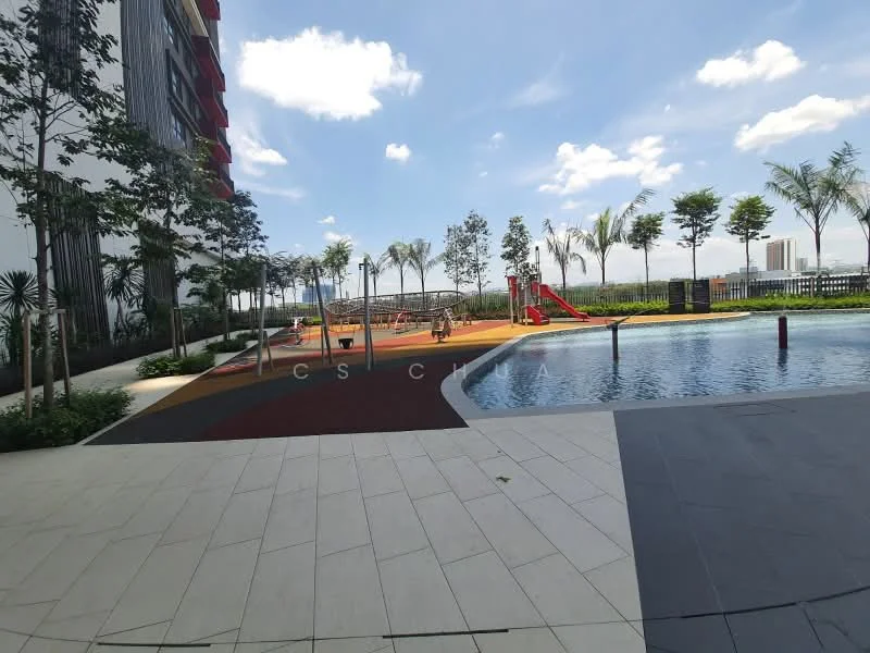 Exterior type: landscape garden; features: swimming pool, children's playground with slide, manicured lawn, paved walkway, tropical landscaping with palm trees, outdoor seating area, surrounding greenery, city skyline in background; style: modern.