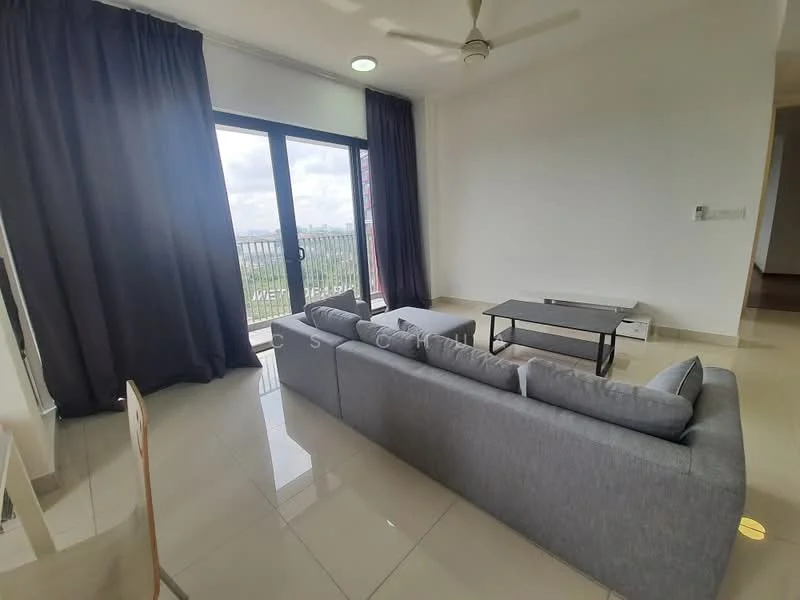 Living features: 3-seater fabric sofa in grey, coffee table, floor-to-ceiling windows, sliding glass door, curtains in dark grey, tile flooring, ceiling fan, wall-mounted TV, decorative wall, open layout, natural light from windows; style: modern; view: city.