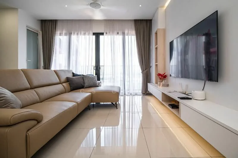 Living features: L-shape sectional sofa in beige, coffee table, wall-mounted TV, TV console with storage, floor-to-ceiling windows, sheer curtains, recessed downlights, light-colored wall, glossy tile flooring, decorative plant, built-in shelving unit; style: modern; view: city.