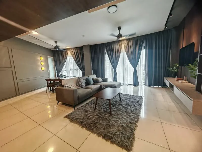 Living features: 3-seater fabric sofa in grey, coffee table, area rug with geometric pattern, wall-mounted TV, TV console, floor-to-ceiling windows, sheer curtains, blackout curtains, 2 ceiling fans, recessed downlights, decorative wall paneling, tile flooring, plant in ceramic pot; style: modern; view: city.