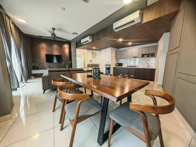 Dining features: dining table with black metal legs, 4 wooden dining chairs with grey upholstery, recessed ceiling lights, wall-mounted TV, floor-to-ceiling windows with sheer curtains, grey accent wall, white tiled flooring, air conditioning unit, decorative plants in pots; style: modern. Living features: 3-seater fabric sofa in grey, coffee table, wall-mounted TV, recessed ceiling lights, floor-to-ceiling windows with sheer curtains, grey accent wall, white tiled flooring, air conditioning unit; style: modern. Kitchen features: kitchen cabinets in grey, white countertop, built-in stove, oven, refrigerator, sink, white tiled backsplash, open shelving, recessed ceiling lights; style: modern.