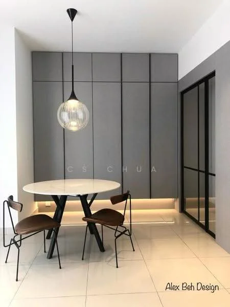 Dining features: round dining table with white top, black metal base for dining table, 4 dining chairs with brown upholstery, grey cabinetry with flat-panel design, white tiled flooring, pendant light fixture, wall-mounted LED strip lighting, glass door leading to another room; style: modern.