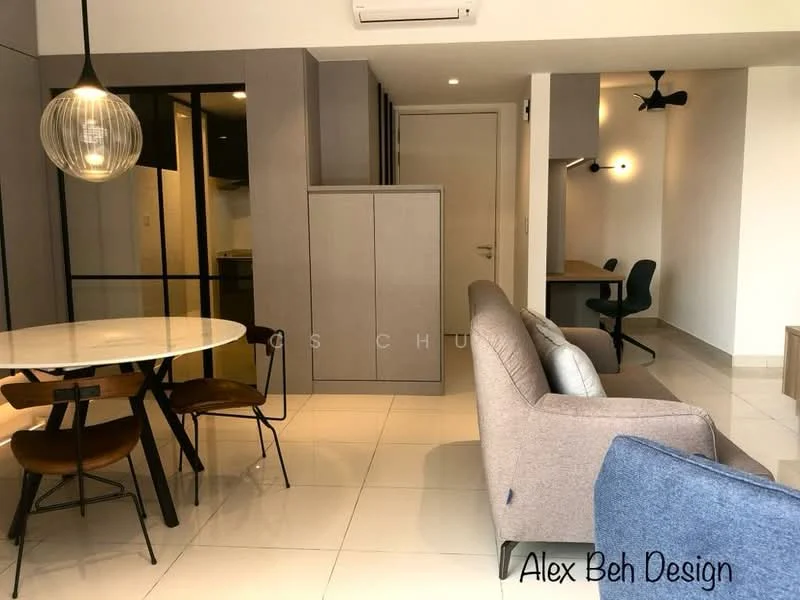 Living features: 3-seater fabric sofa in grey, accent chair in green, round dining table, 4 wooden dining chairs, pendant lamp, ceiling fan, wall-mounted study desk, built-in cabinetry, white tiled flooring, neutral painted walls, large window with natural light; style: modern.
