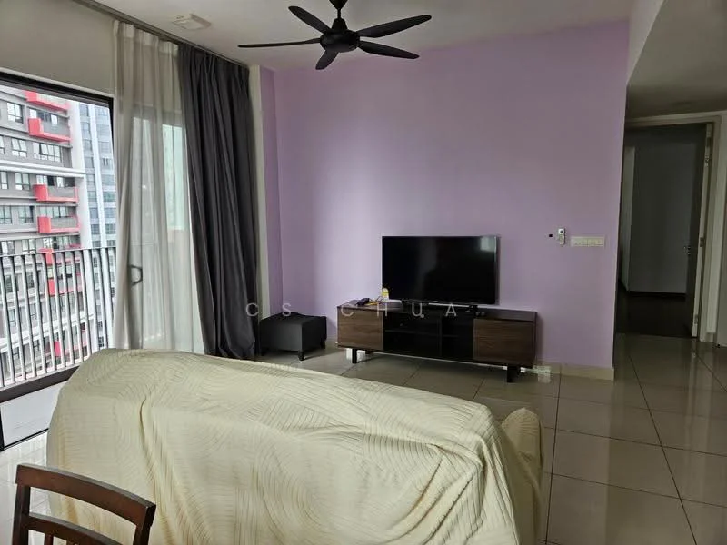 Living features: 3-seater fabric sofa in cream, wall-mounted TV, TV console in dark wood, floor-to-ceiling windows, sliding glass door, grey curtains, light purple painted walls, ceiling fan with light, tile flooring, decorative wall, area rug; style: modern; view: city.