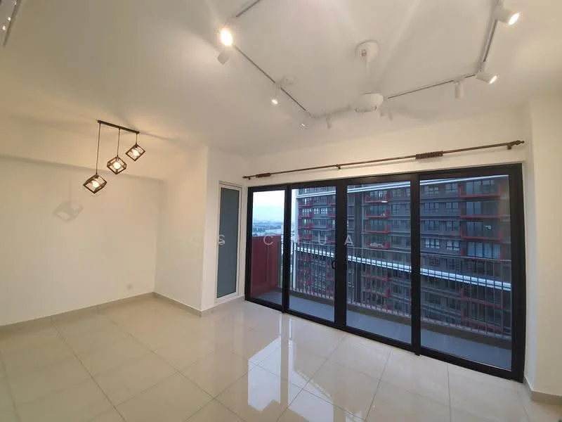 Living features: white painted walls, polished ceramic tile flooring, recessed downlights, 5-blade ceiling fan, sliding glass door, floor-to-ceiling windows, balcony access, city view; style: modern; view: city.