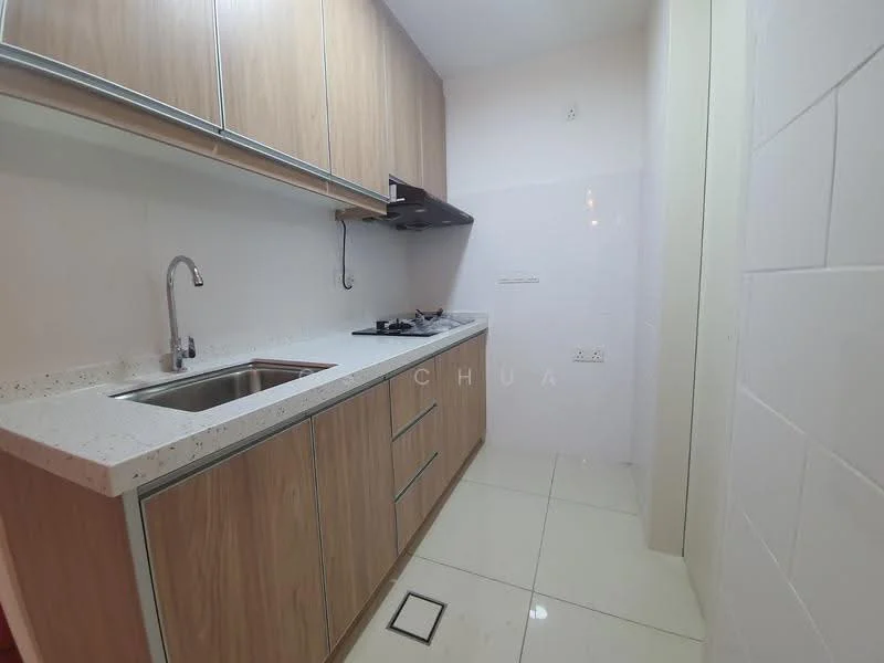 Kitchen features: single-bowl stainless-steel sink, chrome pull-down faucet, granite countertop, wood cabinetry with flat-panel design, built-in gas hob, exhaust hood, white tiled backsplash, white walls, glossy ceramic tile flooring, recessed downlights; style: modern.