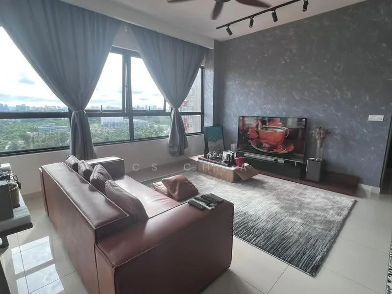 Living features: brown leather sofa, area rug with geometric pattern, wall-mounted TV, TV console, large windows with city view, grey accent wall, recessed downlights, ceiling fan, decorative vase, curtains, coffee table; style: modern; view: city.