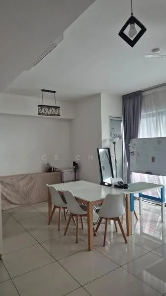 Dining features: white dining table, 4 white chairs with wooden legs, pendant light fixture, large mirror, grey curtains, cream painted walls, tile flooring, whiteboard, decorative wall panel, ceiling with recessed lighting; style: modern.