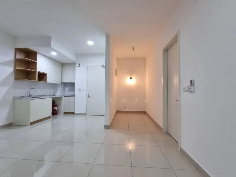Kitchen features: white cabinetry, grey countertop, single-bowl stainless-steel sink, chrome pull-down faucet, built-in oven, ceramic tile flooring, white tiled backsplash, open shelving; style: modern. Hallway features: white painted walls, ceramic tile flooring, recessed downlights, wall-mounted fire extinguisher; style: modern.
