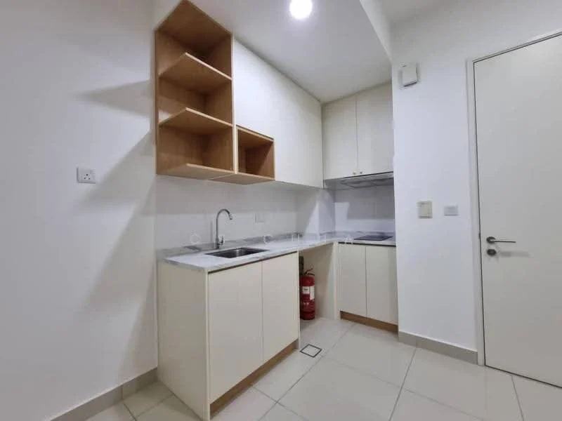 Kitchen features: white painted walls, light grey ceramic tile flooring, single-bowl stainless-steel sink, chrome pull-down faucet, white cabinetry with flat-panel doors, open shelving above the countertop, built-in stove, fire extinguisher visible; style: modern.