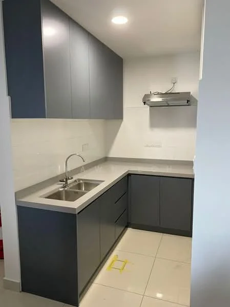 Kitchen features: grey flat-panel cabinets, stainless-steel single-bowl sink, chrome pull-down faucet, grey quartz countertop, white tiled backsplash, built-in stainless-steel range hood, under-cabinet lighting, ceramic tile flooring, recessed ceiling lights; style: modern.