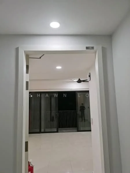 Room features: white painted walls, recessed downlights, floor-to-ceiling windows, sliding glass door, ceramic tile flooring, 5-blade ceiling fan, balcony view; style: modern.