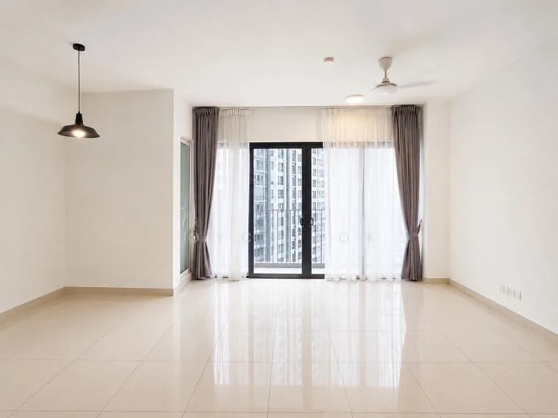 Living features: white painted walls, glossy ceramic tile flooring, ceiling fan, pendant light, floor-to-ceiling windows, sliding glass door, sheer curtains, grey curtains; style: modern; view: city.