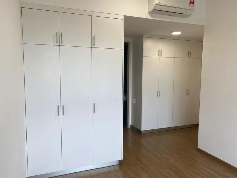 Room features: white cabinetry with multiple doors, laminate flooring, wall-mounted split AC, recessed ceiling lights; style: modern.
