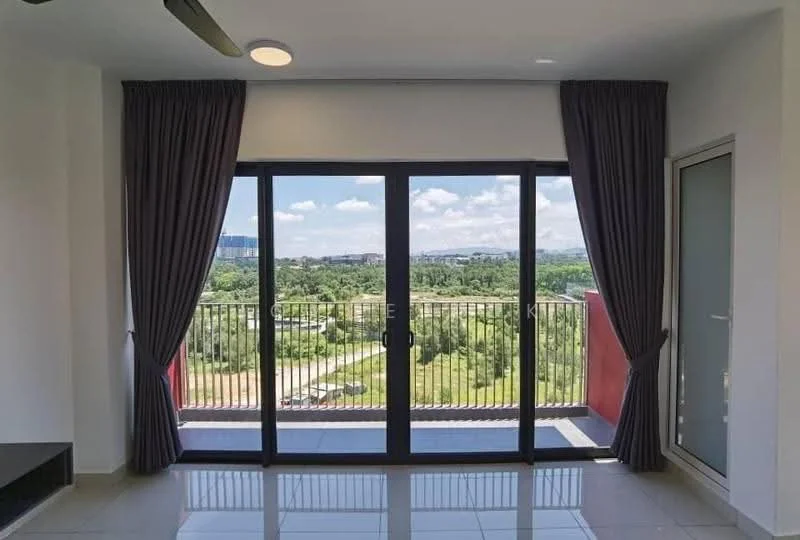 Room features: floor-to-ceiling sliding glass door, grey curtains, white walls, glossy tile flooring, ceiling fan, view of greenery, balcony access; style: modern; view: garden.