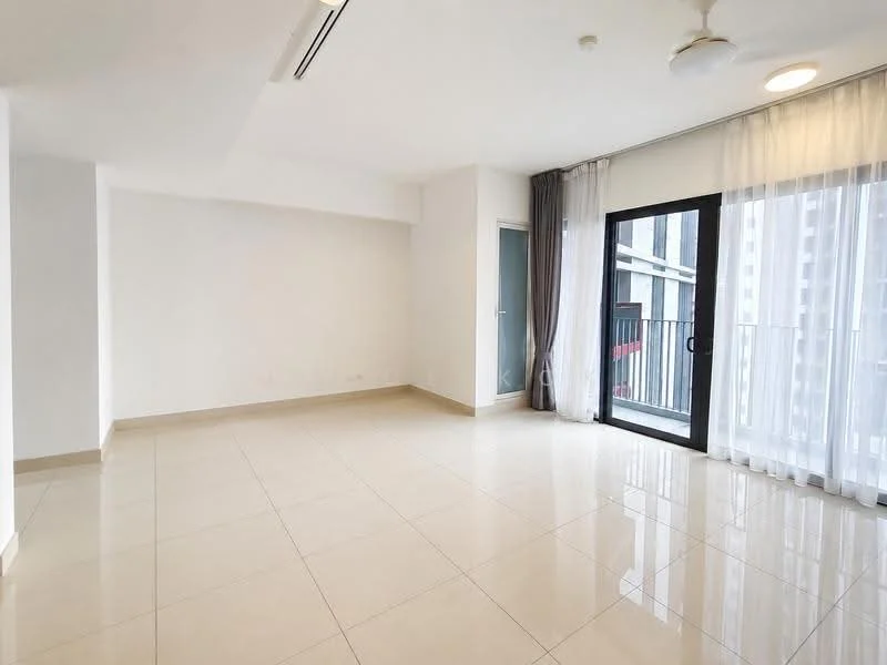 Living features: white painted walls, glossy ceramic tile flooring, 5-blade ceiling fan with light, floor-to-ceiling windows, sliding glass door, sheer curtains, balcony access, neutral color scheme; style: modern; view: city.