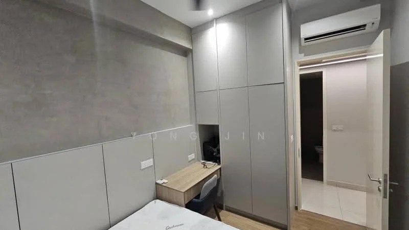 Bedroom features: grey accent wall, built-in wardrobe with sliding doors, wooden flooring, single bed, study desk with chair, wall-mounted air conditioning unit, white ceiling with recessed lighting, door leading to bathroom, light switch, power outlet; style: modern.