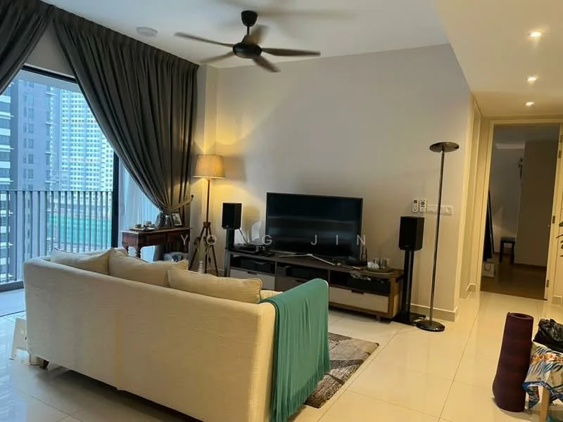 Living features: 3-seater fabric sofa in cream, floor-to-ceiling windows, curtains in grey, TV console, wall-mounted TV, lampshade floor lamp, area rug, recessed downlights, ceiling fan with light, decorative wall art; style: modern; view: city.