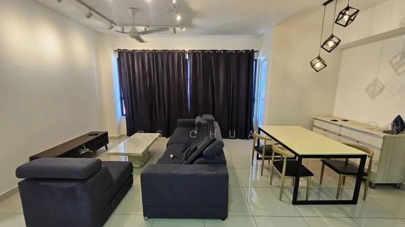 Living features: 3-seater fabric sofa in dark blue, coffee table, TV console, wall-mounted TV, dining table with black metal legs, 4 upholstered dining chairs, floor-to-ceiling windows with black curtains, recessed downlights, ceiling fan with light, tile flooring in light color, decorative pendant lights; style: modern.