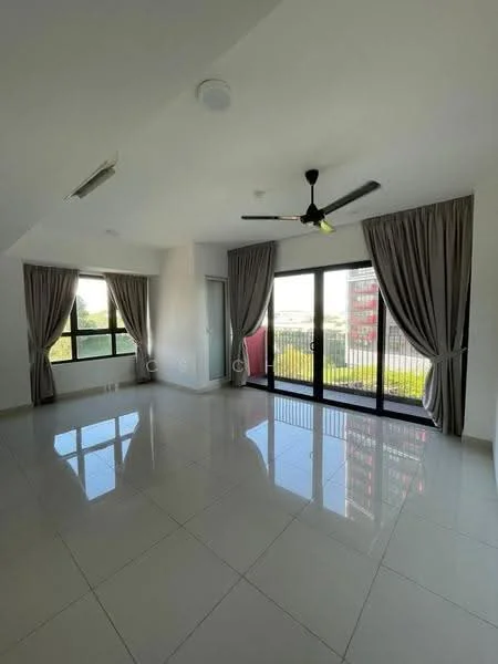 Room features: white painted walls, glossy ceramic tile flooring, 5-blade ceiling fan with light, floor-to-ceiling windows, sliding glass door, sheer curtains, curtains in beige, natural light from windows; style: modern; view: garden.