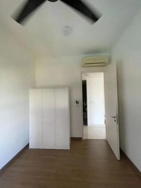 Room features: white painted walls, wooden flooring, 5-blade ceiling fan, wall-mounted split AC, built-in wardrobe, door leading to another room, light ceiling fixture.