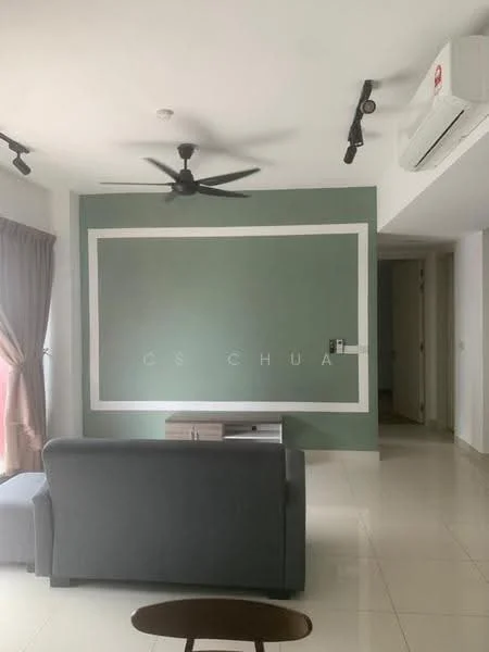 Living features: grey fabric sofa, white coffee table, green accent wall with white trim, recessed downlights, 5-blade ceiling fan, wall-mounted air conditioning unit, large window with sheer curtains, glossy tile flooring; style: modern.