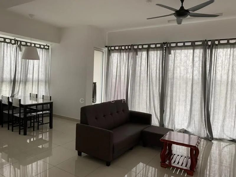 Living features: 3-seater fabric sofa in dark brown, wooden coffee table, dining table for 4 with black chairs, floor-to-ceiling windows, sheer curtains, white painted walls, glossy tile flooring, ceiling fan; style: modern.