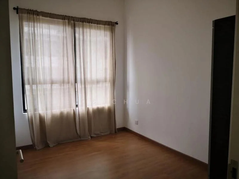 Room features: light wood laminate flooring, white painted walls, floor-to-ceiling windows, sheer curtains, one window, corner room, no visible furniture; style: minimalist.