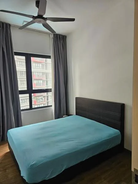 Bedroom features: queen-size bed with blue bedspread, upholstered headboard, floor-to-ceiling windows, grey curtains, wooden flooring, 5-blade ceiling fan, nightstand, decorative wall, light-colored walls; style: modern; view: city.