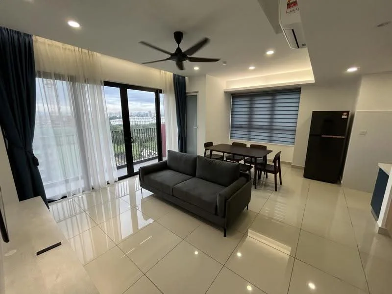 Living features: 3-seater fabric sofa in grey, floor-to-ceiling windows, sheer curtains, blackout curtains, ceiling fan, wall-mounted TV, TV console, dining table for 4, black dining chairs, white walls, polished tile flooring, air conditioning unit; style: modern; view: city.