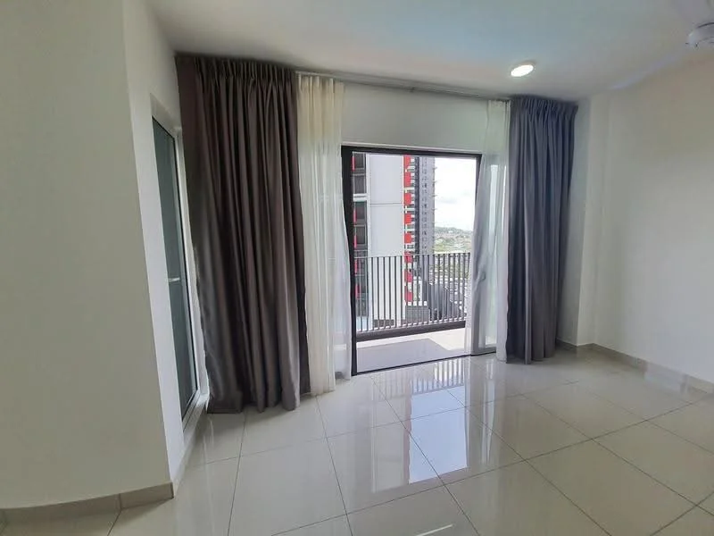Living features: white painted walls, glossy ceramic tile flooring, floor-to-ceiling windows, sliding glass door, sheer curtains, dark grey curtains, recessed downlights, balcony view; style: modern; view: city.