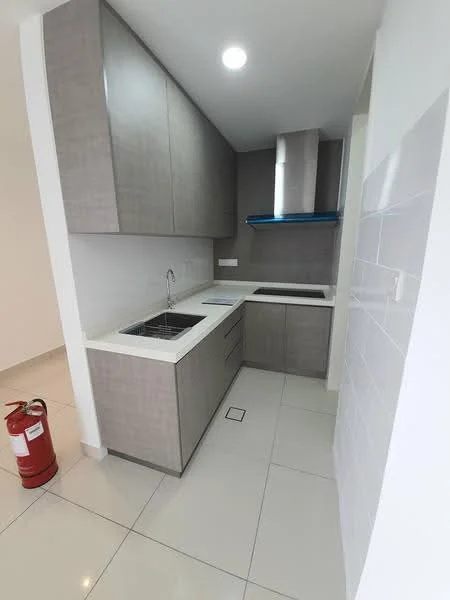 Kitchen features: grey cabinetry, white countertop, single-bowl stainless-steel sink, chrome pull-down faucet, built-in oven, stainless-steel range hood, ceramic tile flooring, recessed downlights, white tiled backsplash, fire extinguisher, wall-mounted kitchen cabinet; style: modern.