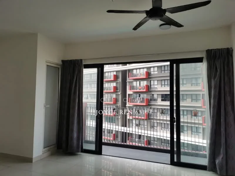 Living features: floor-to-ceiling windows, sliding glass door, grey curtains, ceiling fan, white walls, marble tile flooring, balcony view, natural light; style: modern; view: city.