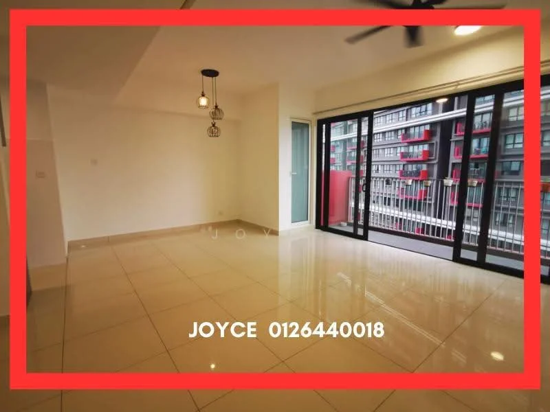 Living features: glossy ceramic tile flooring, white painted walls, recessed downlights, 5-blade ceiling fan, floor-to-ceiling windows, sliding glass door, balcony access, hanging pendant lights; style: modern; view: city.
