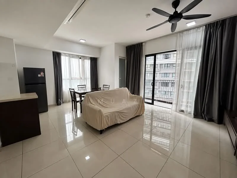 Living features: white painted walls, glossy tile flooring, 5-blade ceiling fan with light, large sliding glass door, floor-to-ceiling windows, grey curtains, beige sofa covered with slipcover, wooden dining table with four chairs, black refrigerator, TV console, wall-mounted TV; style: modern; view: city.