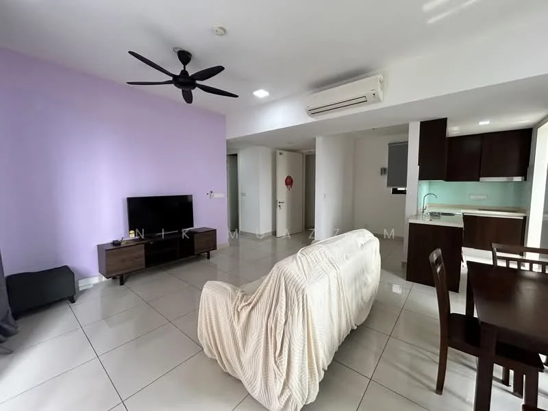 Living features: light purple accent wall, white painted walls, glossy tile flooring, 5-blade ceiling fan with light, wall-mounted TV, wooden TV console, sofa with throw blanket, dining table with chairs, air conditioning unit, large window with natural light; style: modern. Kitchen features: kitchen cabinetry in dark wood, light green backsplash, countertop, built-in sink, stainless-steel appliances; style: modern.
