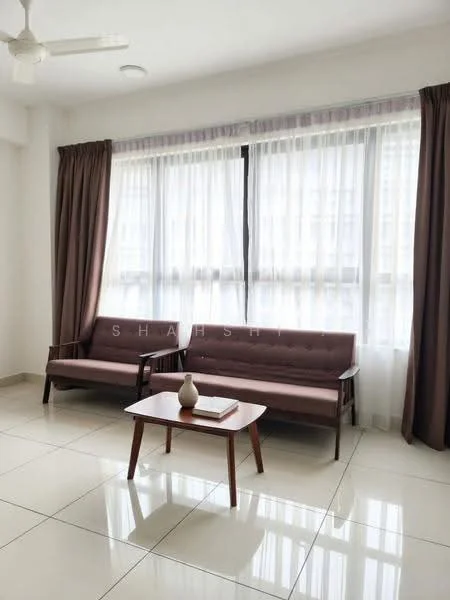Living features: 2-seater fabric sofa in brown, 2-seater fabric sofa in beige, wooden coffee table, floor-to-ceiling windows, sheer curtains, brown blackout curtains, white painted walls, glossy tile flooring, ceiling fan, decorative vase on table; style: modern.