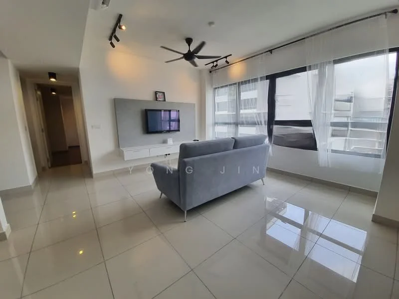 Living features: grey fabric sofa, wall-mounted TV, white feature wall, recessed lighting, 5-blade ceiling fan, large windows with sheer curtains, glossy ceramic tile flooring, neutral wall color; style: modern; view: city. Room features: hallway leading to other rooms, doorway, light fixture in hallway.