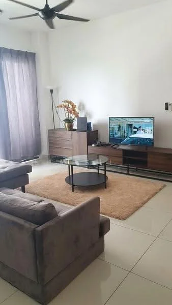 Living features: 3-seater fabric sofa in grey, 2-seater fabric sofa in grey, glass coffee table, TV console, wall-mounted TV, area rug, floor-to-ceiling windows with sheer curtains, laminate flooring, ceiling fan, decorative plant, side table, light fixture; style: modern.