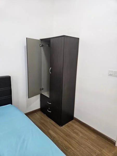 Bedroom features: wooden flooring, white painted walls, black wardrobe with drawers, blue bedspread, single bed, nightstand, window with natural light; style: modern.