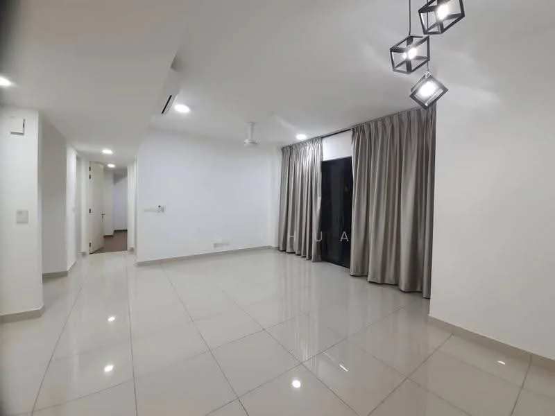 Living features: white painted walls, glossy ceramic tile flooring, recessed downlights, 5-blade ceiling fan, floor-to-ceiling windows, sheer curtains, sliding glass door, neutral color scheme, open layout, decorative pendant lighting; style: modern.