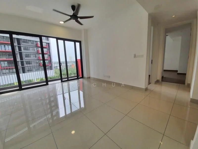 Living features: floor-to-ceiling windows, sliding glass door, 5-blade ceiling fan, white painted walls, glossy ceramic tile flooring, recessed downlights, balcony view, open layout; style: modern; view: city. Room features: white painted walls, glossy ceramic tile flooring.